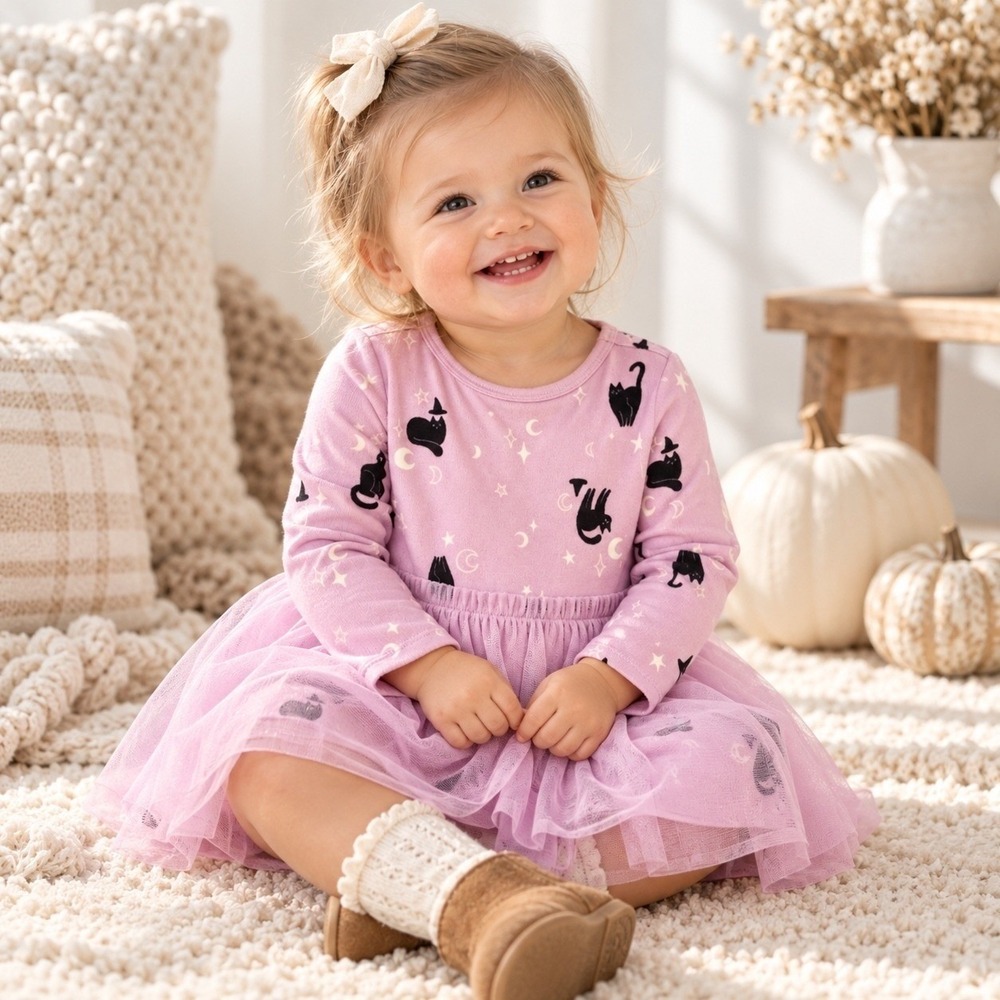 Cat & Jack Baby Girls Lilac Purple Black Cat Witch Tutu Dress Halloween Size 9M